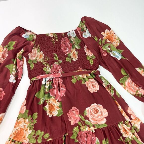 Vici Midi Dress Women XL Burgundy Floral Smocked Square Neck Belted Waist Tiered - Picture 3 of 12